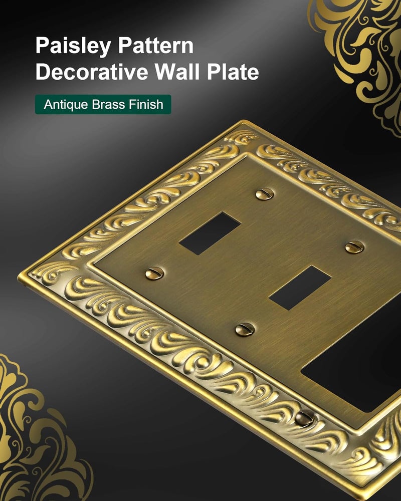 treewell 2-Pack Combo Double Toggle/Single Decorator Outlet Cover Plate, Paisley Pattern Decorative Switch Plates and Outlet Covers, 4 Gang Antique Brass Metal Wall Plates, Corrosion Resistant - Image 3